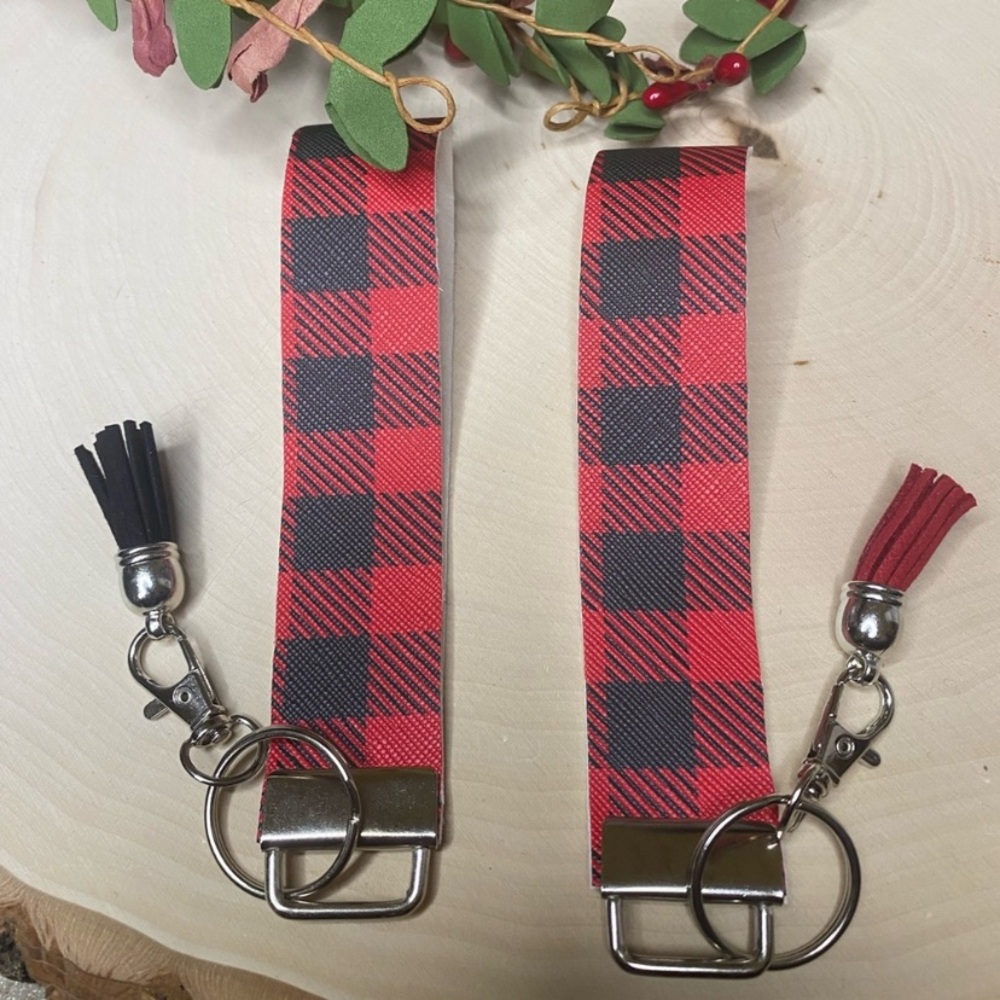 Red Buffalo Plaid Christmas Holiday Keychain Wristlets (price is for 1)